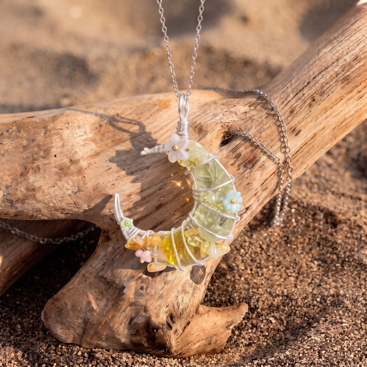 Green Prehnite & Citrine Crescent Moon Pendant | Wire-Wrapped Floral Necklace