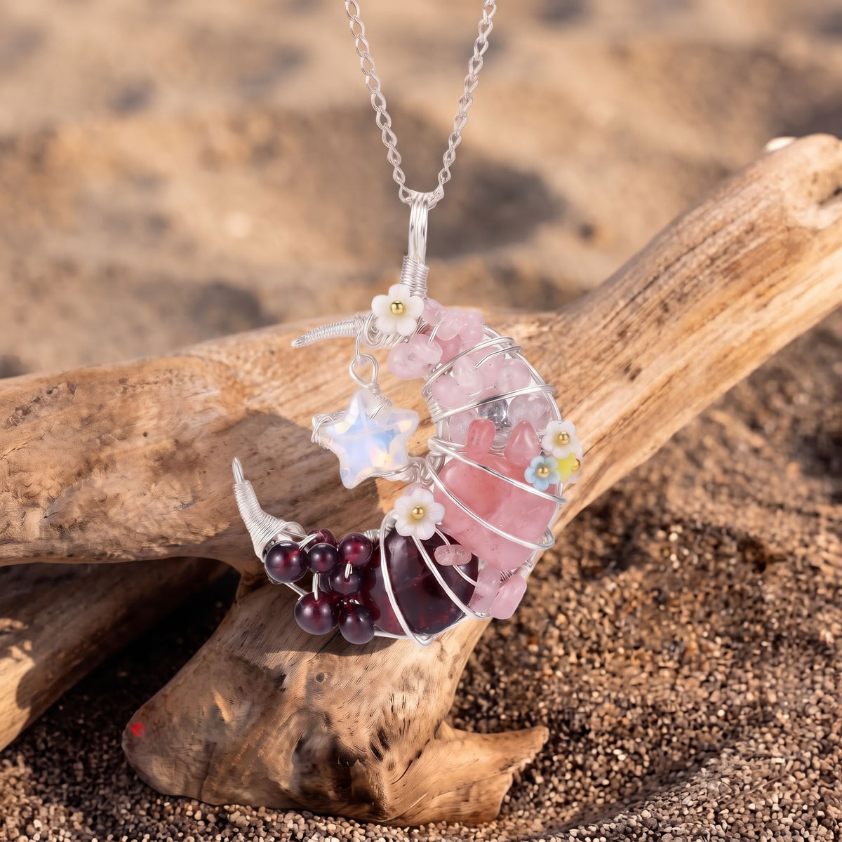Rose Quartz & Garnet Crescent Moon Pendant | Wire-Wrapped Star Necklace