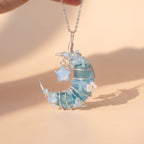 Light Blue Crystal Crescent Moon Pendant | Wire-Wrapped Star Necklace