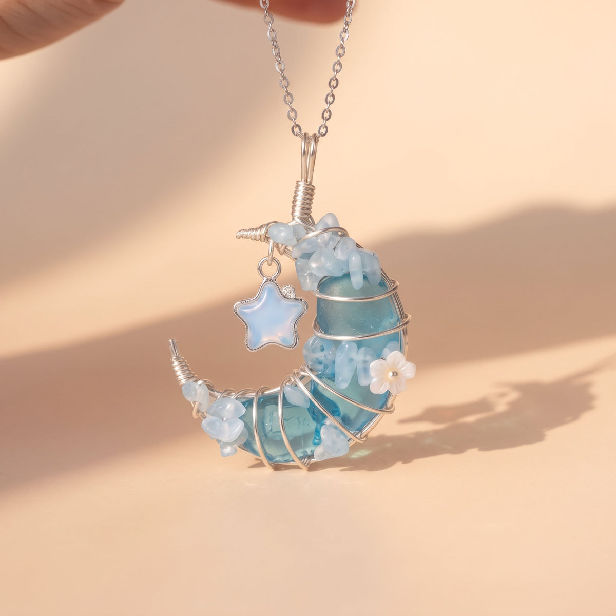 Light Blue Crystal Crescent Moon Pendant | Wire-Wrapped Star Necklace