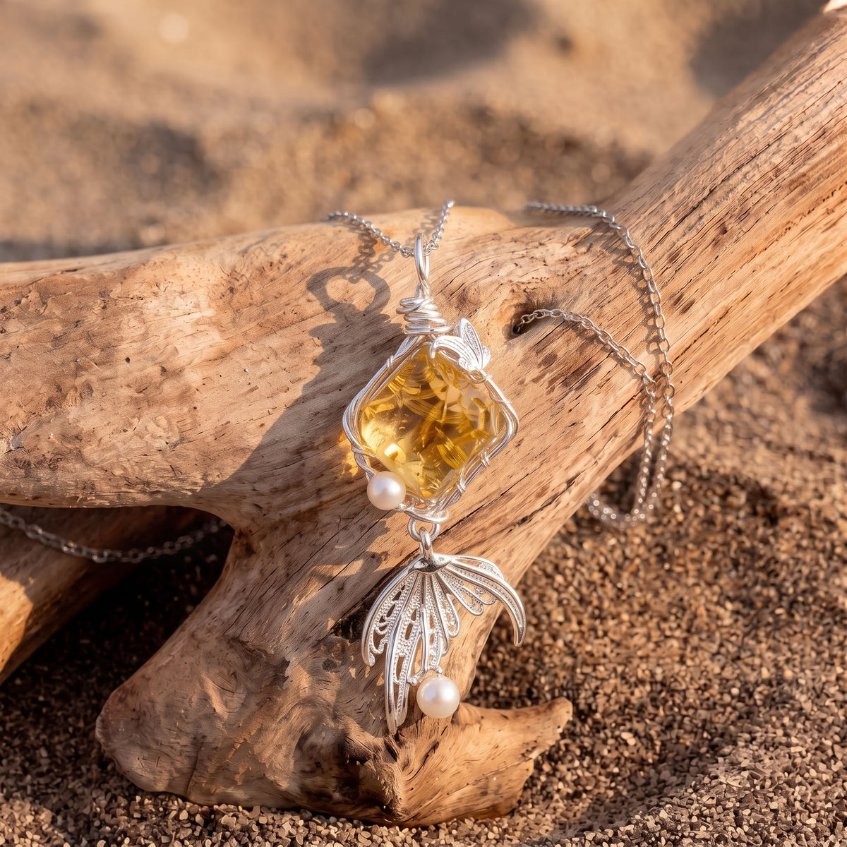 Mermaid Tail & Citrine Pendant | Handcrafted Silver Wire-Wrapped Fantasy Necklace