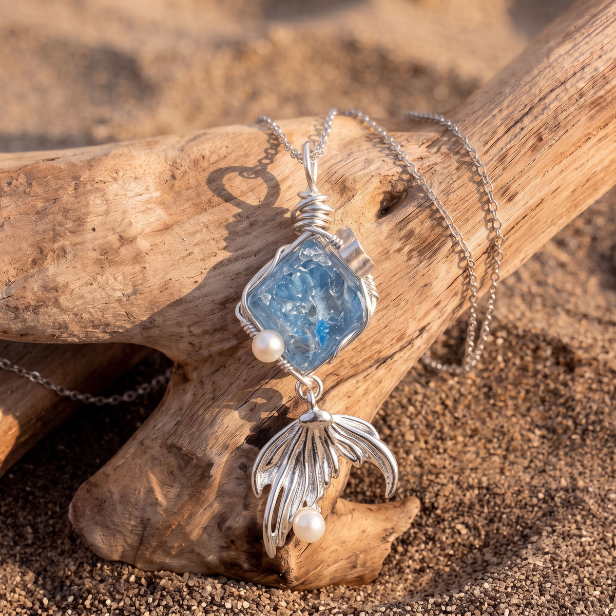 Handcrafted Wire-Wrapped Blue Crystal & Mermaid Tail Pendant | Silver Ethereal Necklace