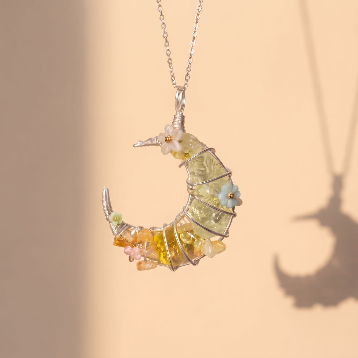 Green Prehnite & Citrine Crescent Moon Pendant | Wire-Wrapped Floral Necklace