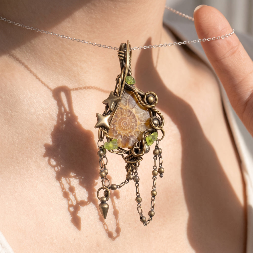 Ammonite Fossil Brass Pendant | Wire-Wrapped Star & Bead Fringe Necklace