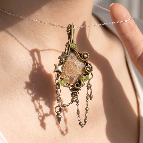 Ammonite Fossil Brass Pendant | Wire-Wrapped Star & Bead Fringe Necklace