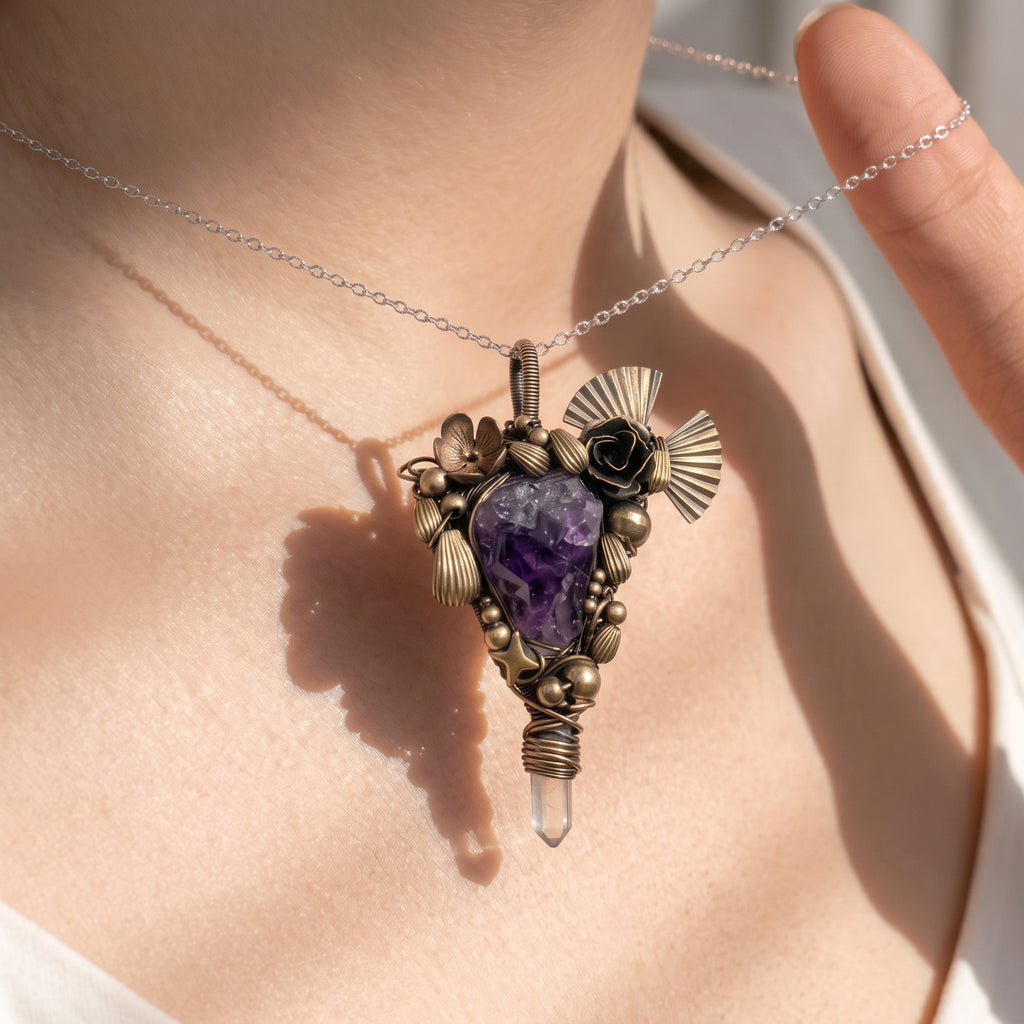 Raw Amethyst Crystal Brass Pendant | Wire-Wrapped Rose & Fan Bronze Necklace