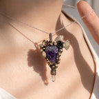 Raw Amethyst Crystal Brass Pendant | Wire-Wrapped Rose & Fan Bronze Necklace