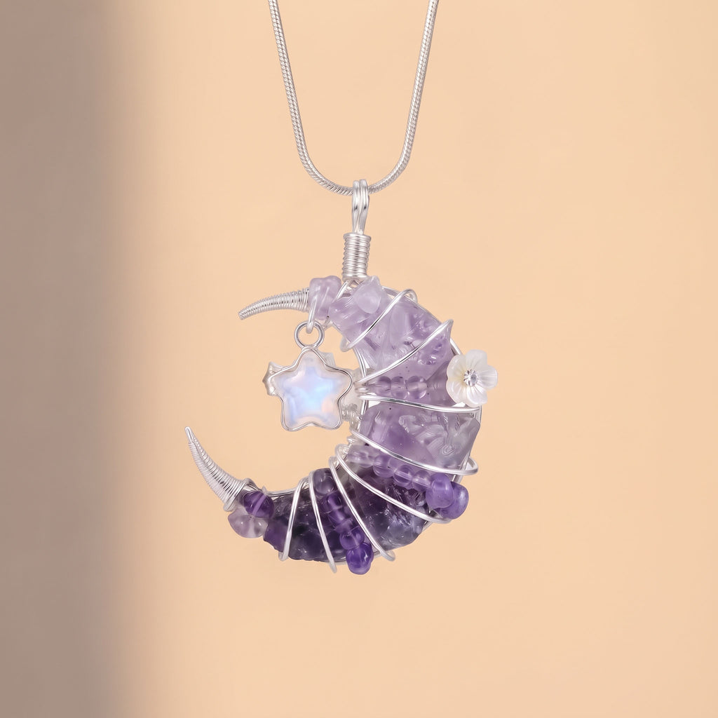 Amethyst Crescent Moon Pendant | Wire-Wrapped Star Necklace
