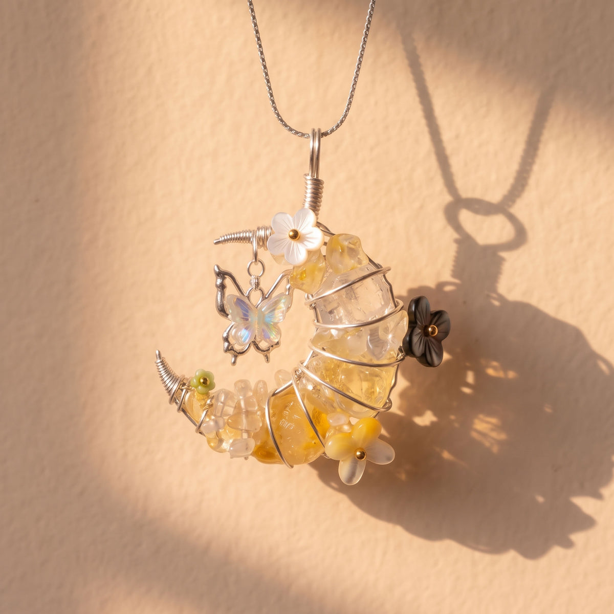 Handcrafted Citrine Crescent Moon & Butterfly Pendant | Wire-Wrapped Floral Necklace
