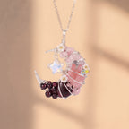 Rose Quartz & Garnet Crescent Moon Pendant | Wire-Wrapped Star Necklace
