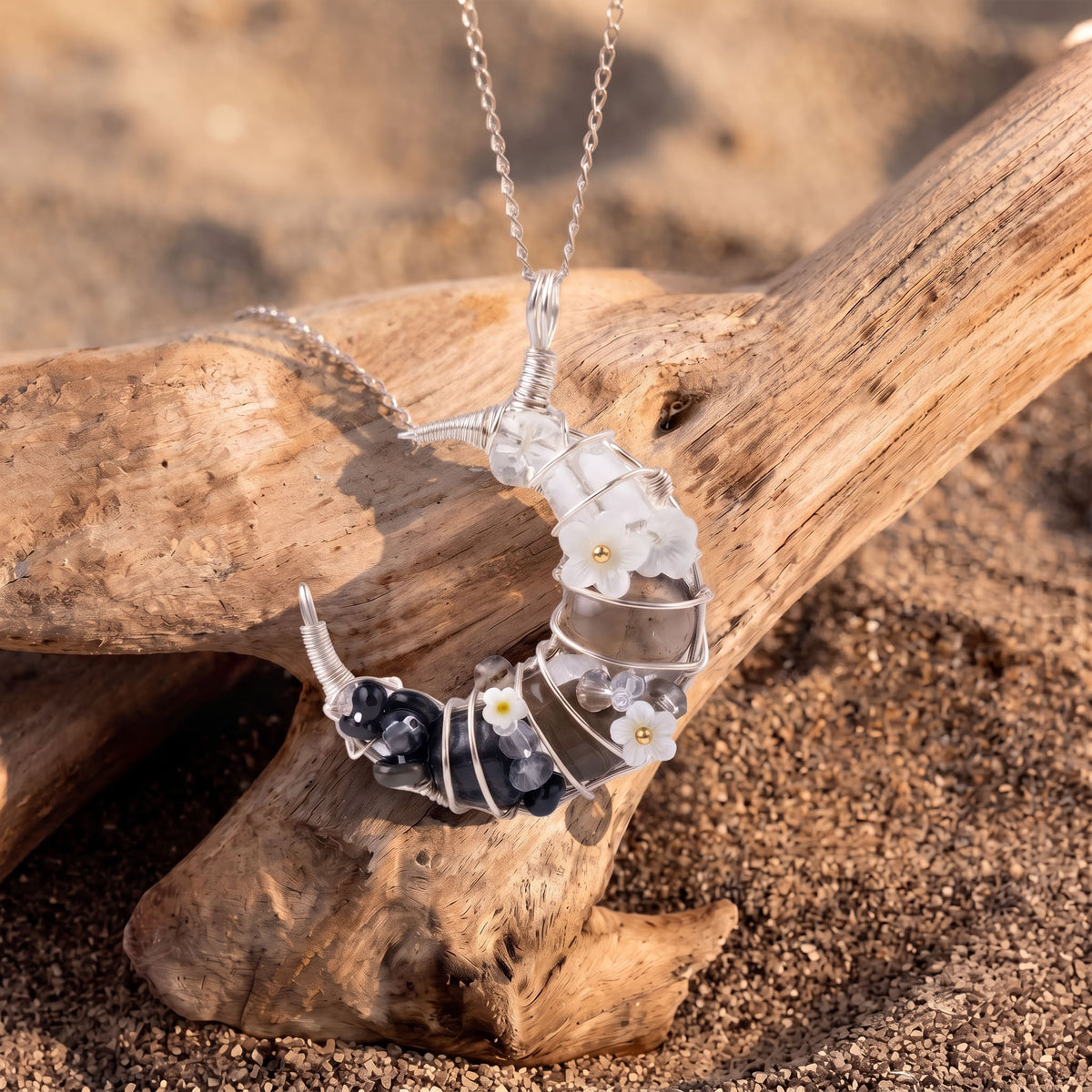 Smoky Quartz & Black Obsidian Crescent Moon Pendant | Wire-Wrapped Floral Necklace