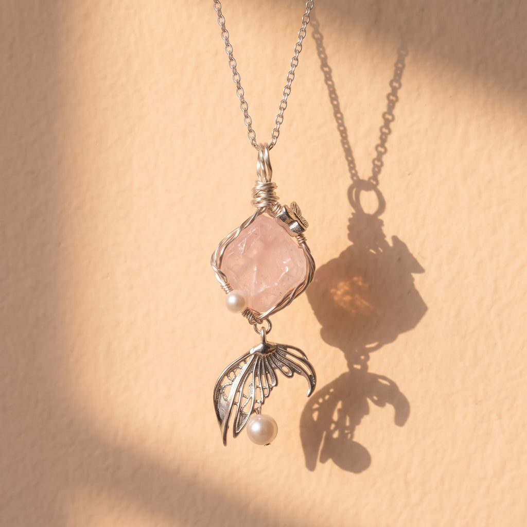 Ethereal Rose Quartz & Mermaid Tail Pendant | Handcrafted Silver Wire-Wrapped Necklace
