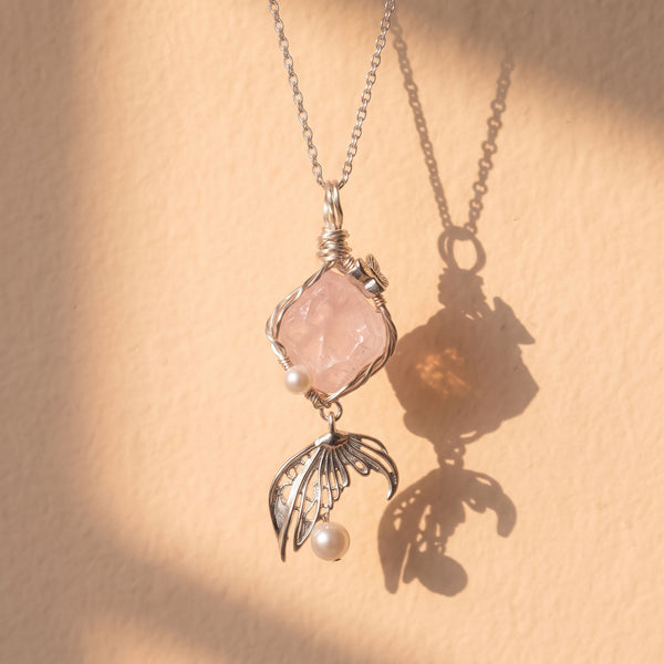 Ethereal Rose Quartz & Mermaid Tail Pendant | Handcrafted Silver Wire-Wrapped Necklace