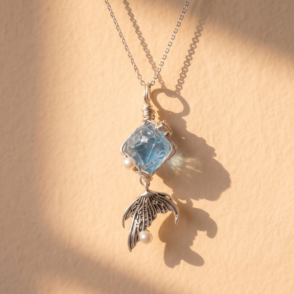 Handcrafted Wire-Wrapped Aquamarine & Mermaid Tail Pendant | Ethereal Silver Necklace