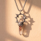Garden Phantom Quartz Ring-Halo Pendant | Antique Silver Copper Thorn & Star Box Chain Necklace