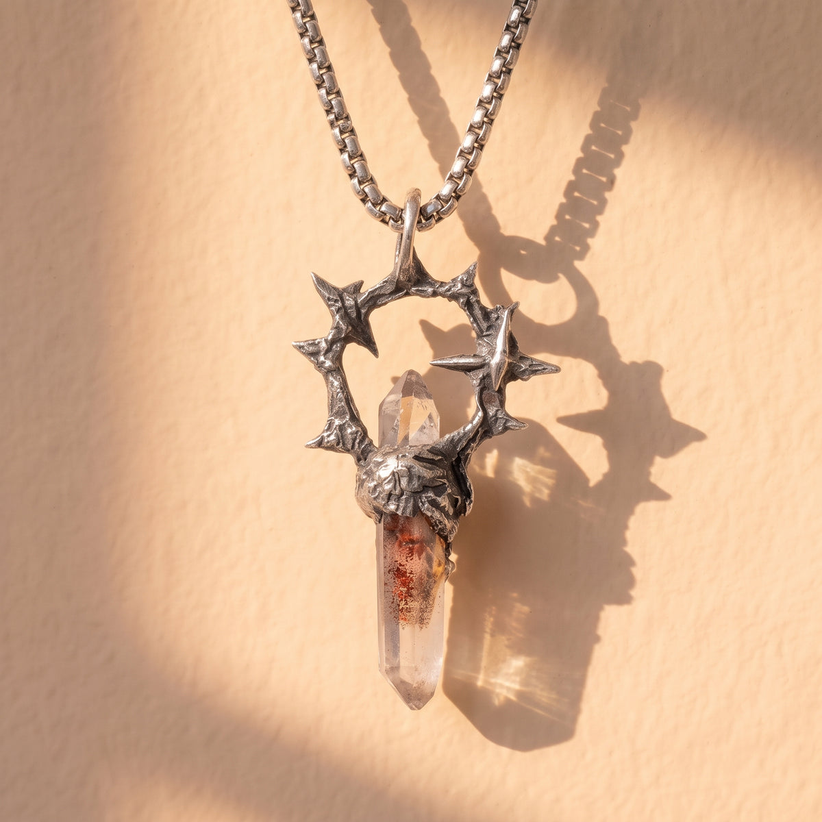 Garden Phantom Quartz Ring-Halo Pendant | Antique Silver Copper Thorn & Star Box Chain Necklace