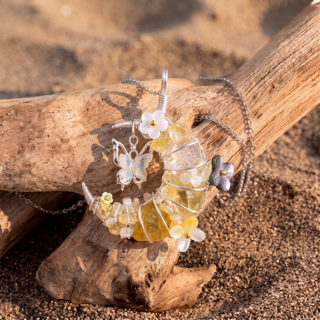 Handcrafted Citrine Crescent Moon & Butterfly Pendant | Wire-Wrapped Floral Necklace