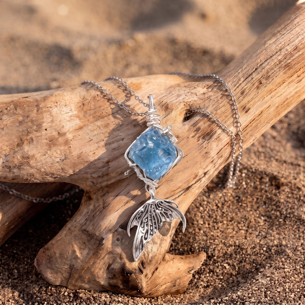 Handcrafted Wire-Wrapped Aquamarine & Mermaid Tail Pendant | Ethereal Silver Necklace
