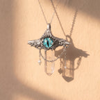 Blue Dragon Eye Crystal Point Pendant | Antique Silver Copper Draped Pearl & Molten Gothic Necklace