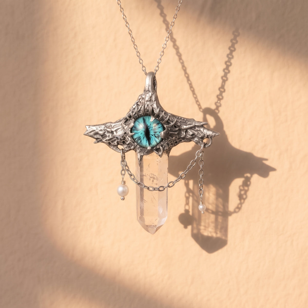 Blue Dragon Eye Crystal Point Pendant | Antique Silver Copper Draped Pearl & Molten Gothic Necklace