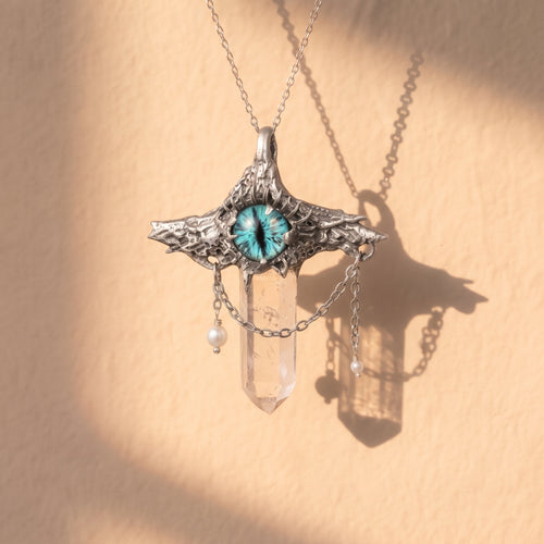 Blue Dragon Eye Crystal Point Pendant | Antique Silver Copper Draped Pearl & Molten Gothic Necklace