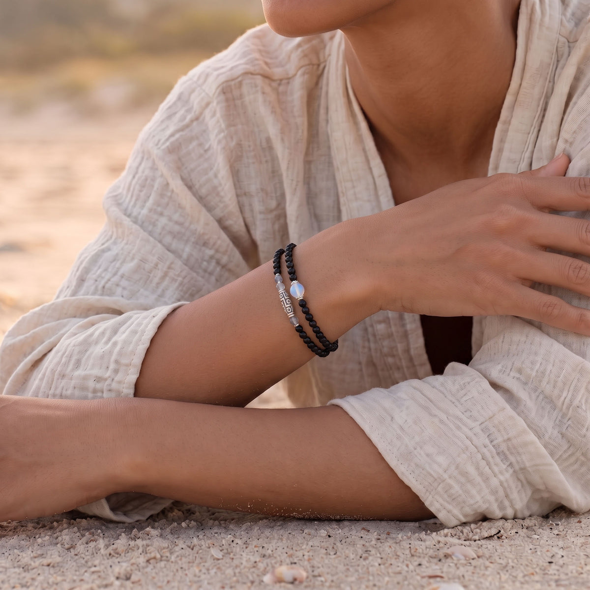 Natural Black Onyx & Dzi Bead Convertible Necklace & Bracelet, Daily Resilience & Power Aesthetic Jewelry