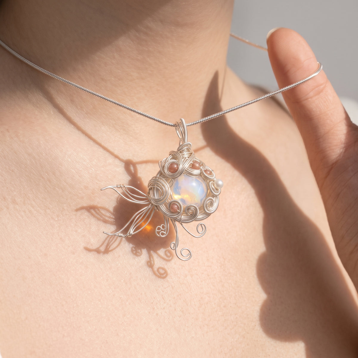 Opal Jellyfish Wire-Wrapped Pendant | Silver Copper Sunstone & Pearl Necklace