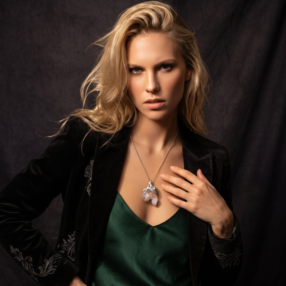 Double Quartz Crystal Cluster Pendant | Antique Silver Copper Molten Claw Gothic Necklace