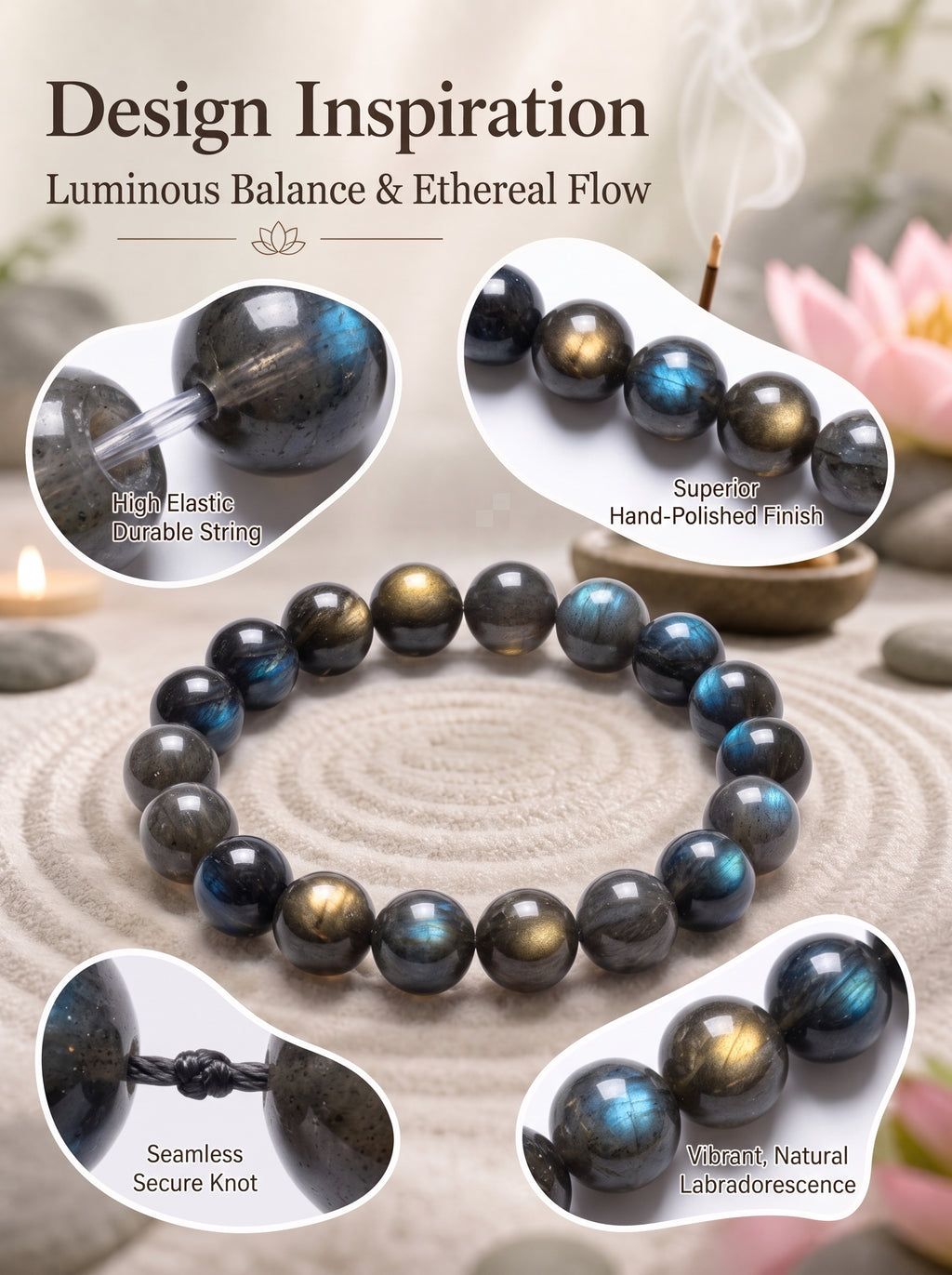 Sacred Shadow Moonstone Intuitive Energy Mala Bracelet