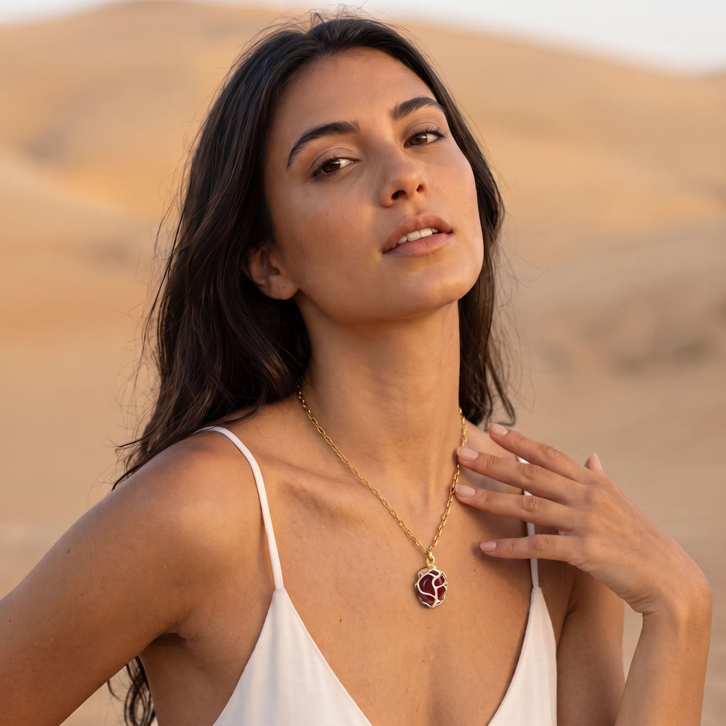 Deep Red Garnet Crystal Pendant | Sculpted Silver Wire-Wrapped Stone Necklace