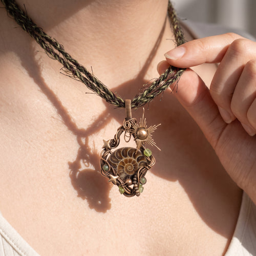 Ammonite Fossil Bronze Pendant | Wire-Wrapped Sunburst & Green Stone Necklace