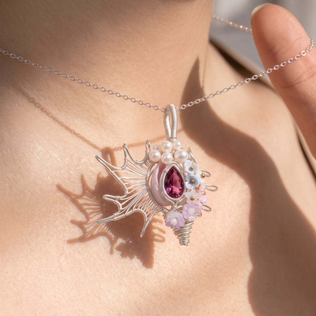 Pink Crystal Floral Shell Pendant | Silver Copper Wire-Wrapped Pearl & Blossom Necklace