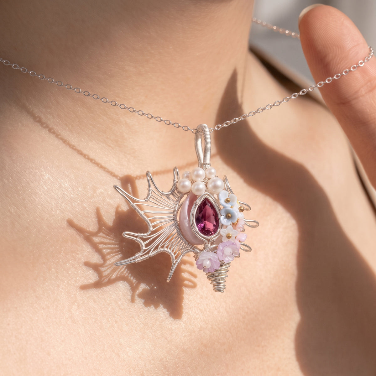 Pink Crystal Floral Shell Pendant | Silver Copper Wire-Wrapped Pearl & Blossom Necklace