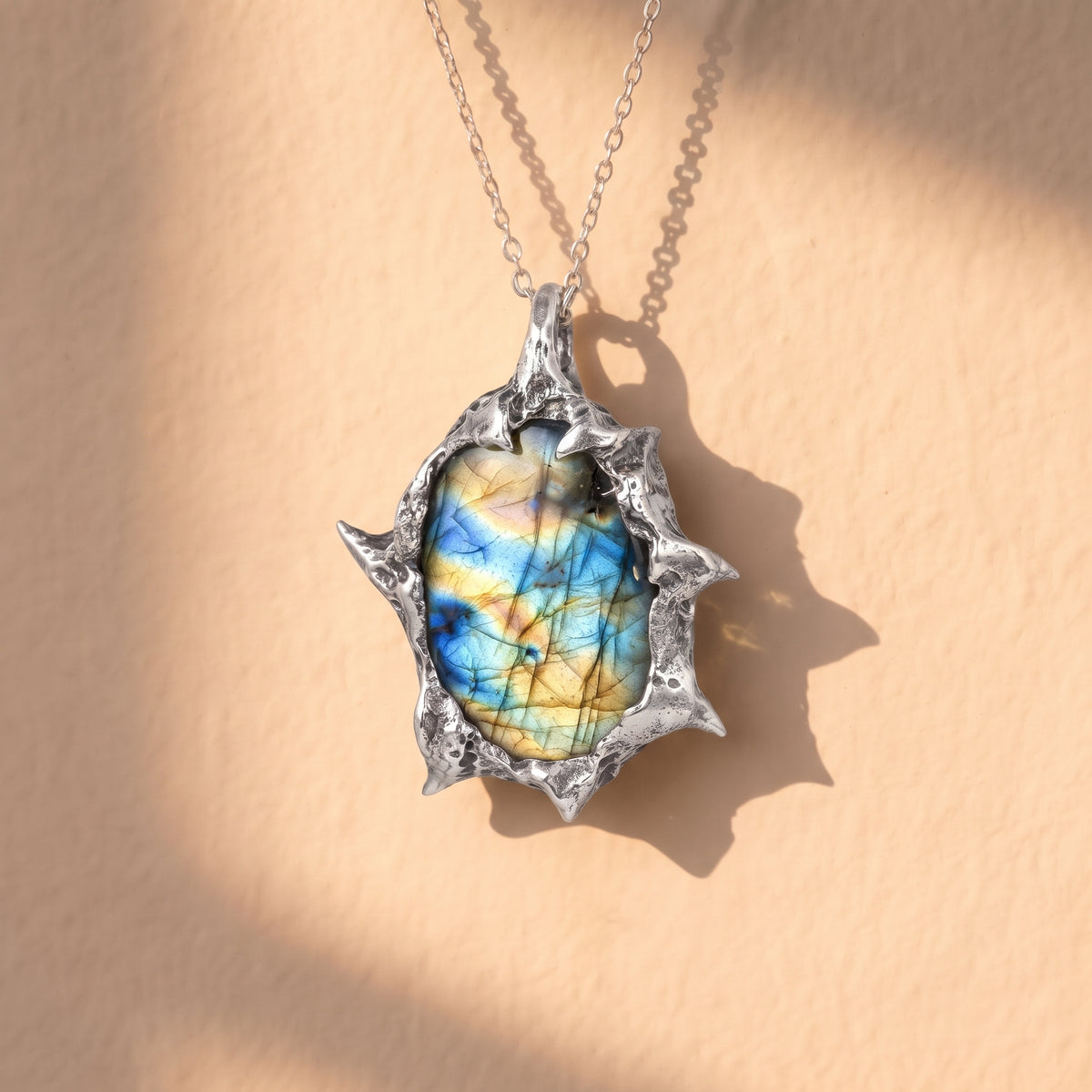 Labradorite Molten Frame Pendant | Antique Silver Copper Gothic Starburst Necklace