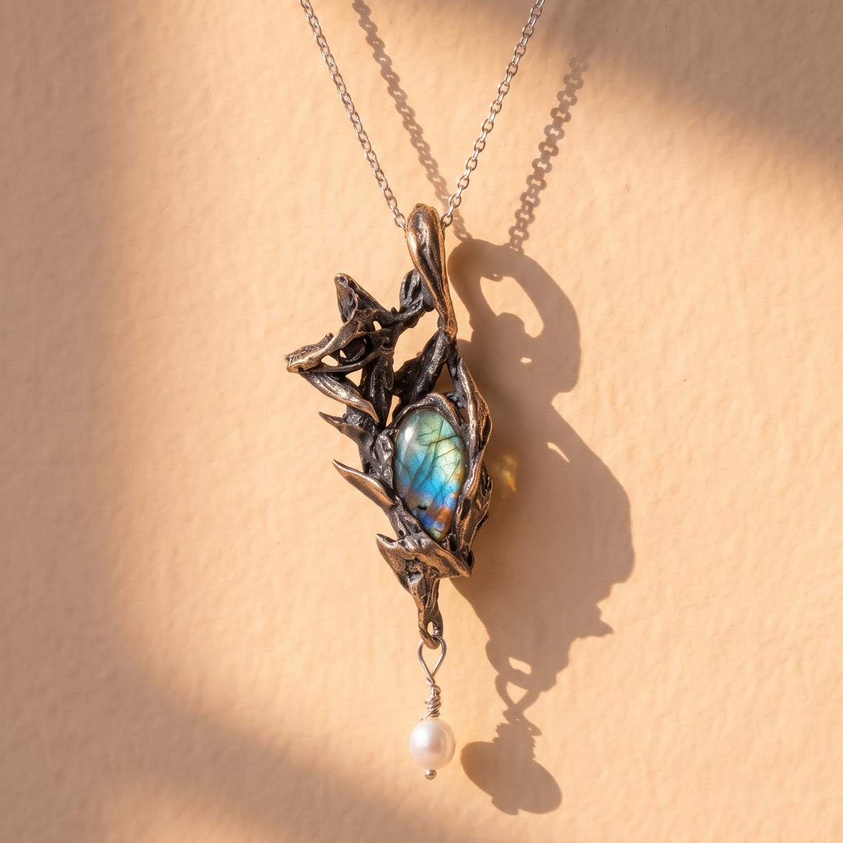 Labradorite Fox & Thorn Bronze Pendant | Antique Copper Pearl Necklace