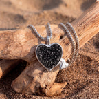 Black Druzy Heart Pendant | Antique Silver Copper Wing & Heart Charm Necklace