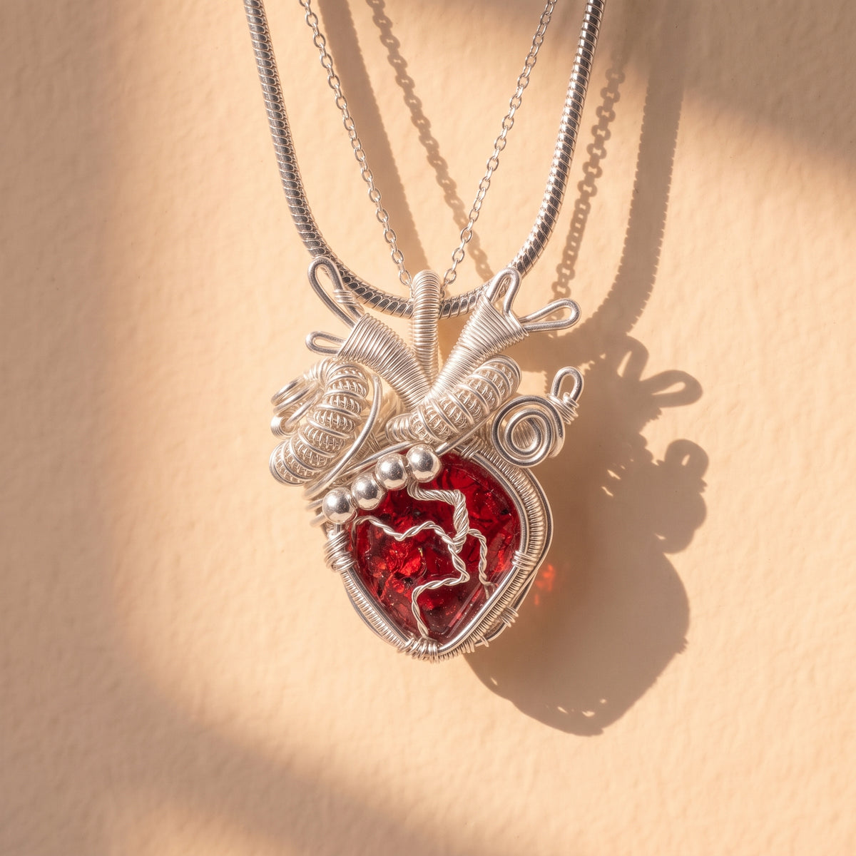 Anatomical Red Crystal Heart Pendant | Silver Copper Wire-Wrapped Gothic Necklace