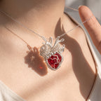 Anatomical Red Crystal Heart Pendant | Silver Copper Wire-Wrapped Gothic Necklace