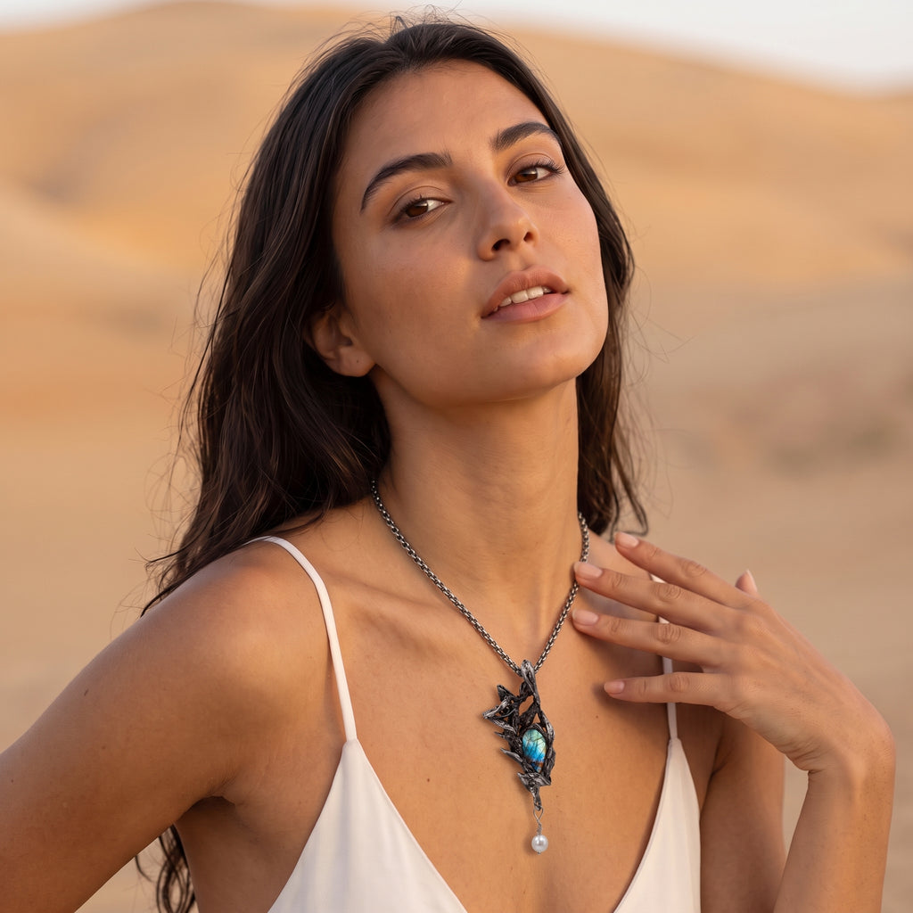 Labradorite Fox & Thorn Bronze Pendant | Antique Copper Pearl Necklace