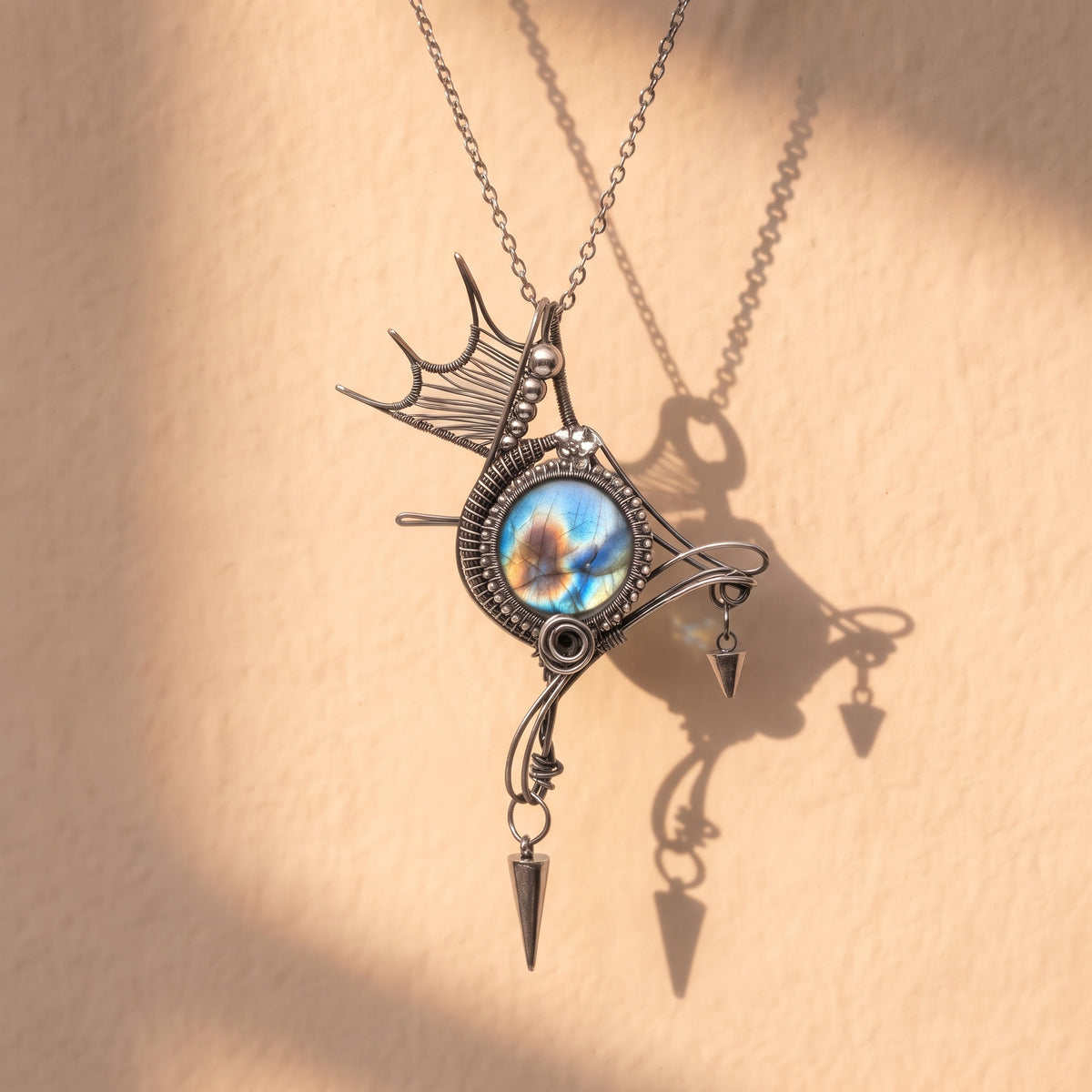Labradorite Winged Spike Pendant | Antique Silver Copper Gothic Necklace
