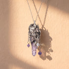 Super Seven Crystal Cluster Pendant | Antique Silver Copper Draped Beaded Necklace