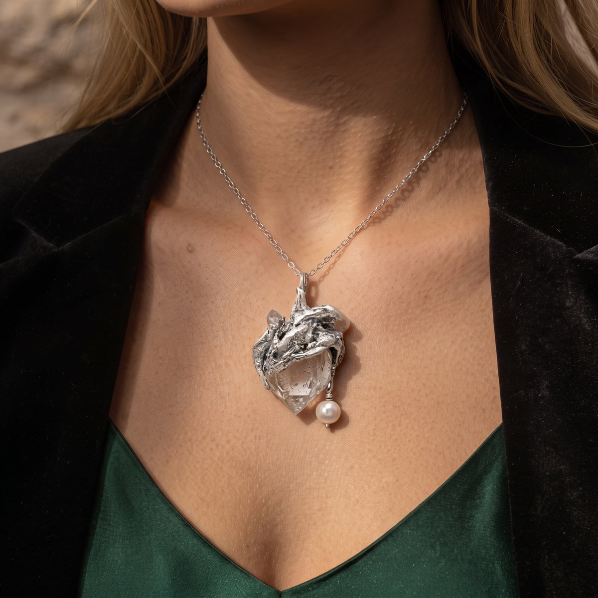 Clear Quartz Cluster Pendant | Antique Silver Copper Pearl & Molten Gothic Necklace