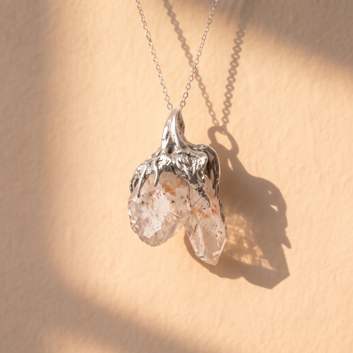 Double Quartz Crystal Cluster Pendant | Antique Silver Copper Molten Claw Gothic Necklace