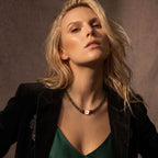 Artisanal Green Ebony & Red Stone Collarchain with Mother-of-Pearl Flower: Double-Loop Versatile Wooden Necklace — Himalayan Ridge