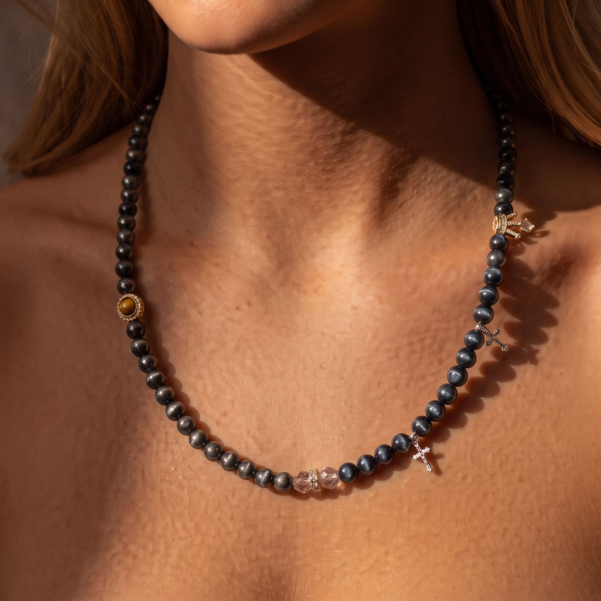 Natural Cosmic Silver Obsidian & Luminous Blue Tiger's Eye Double-Loop Fusion Collarchain: Versatile Necklace — Alpine Zone