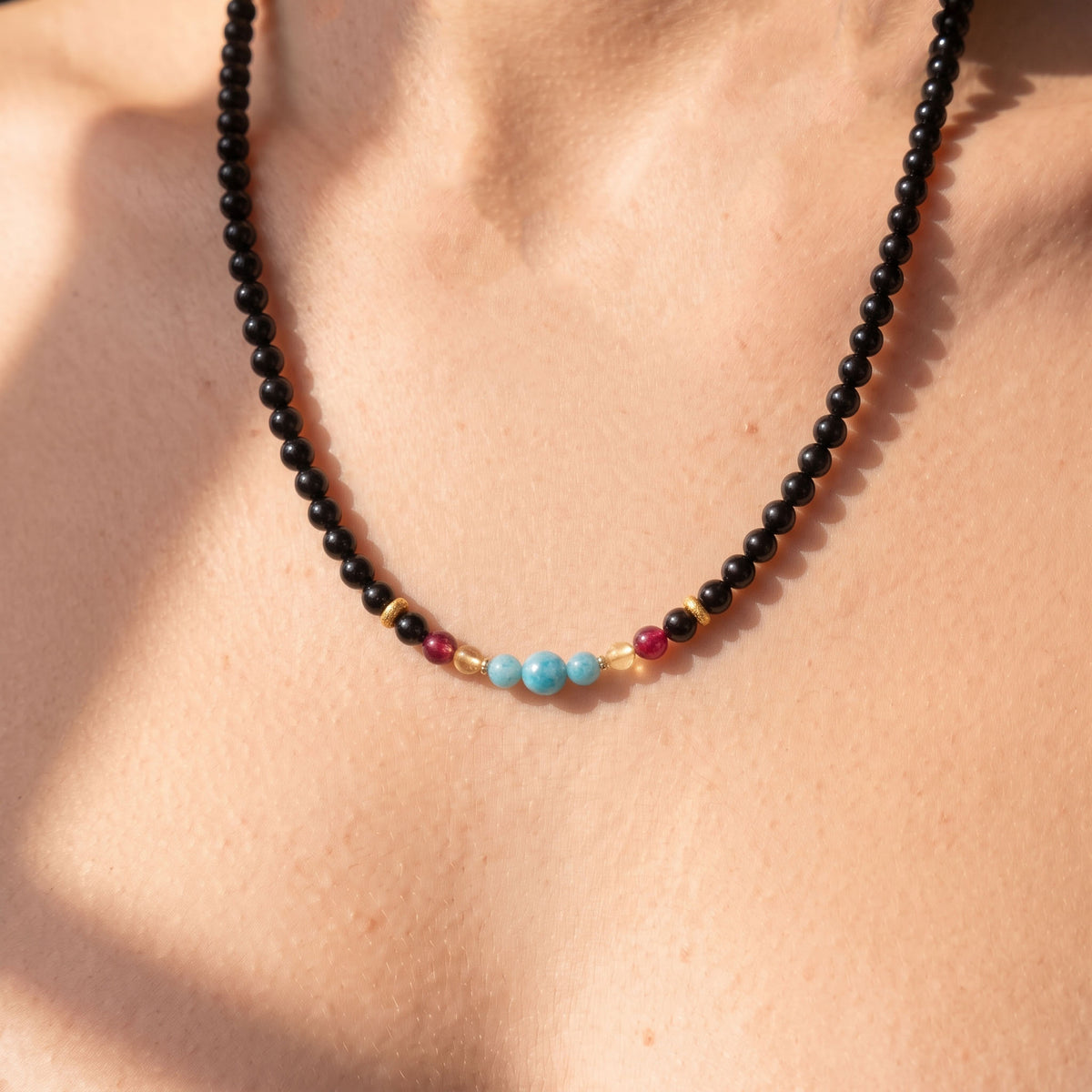 Natural Midnight Black Onyx & Vibrant Nanhong Crimson Harmony Collarchain: Dual-Loop Versatile Necklace — Kailash Vein