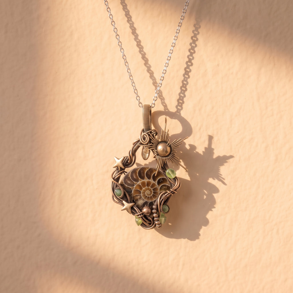 Ammonite Fossil Bronze Pendant | Wire-Wrapped Sunburst & Green Stone Necklace