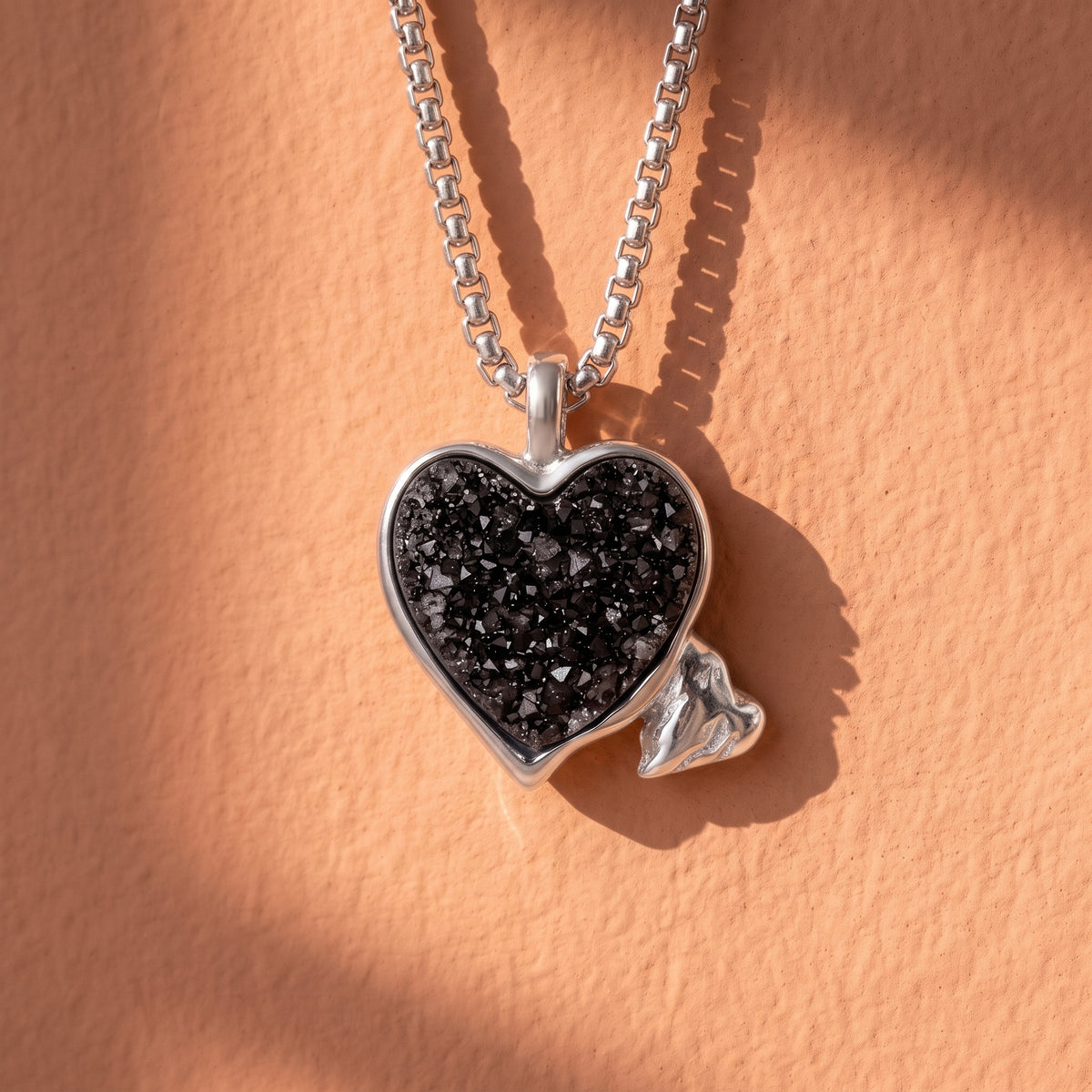 Black Druzy Heart Pendant | Antique Silver Copper Wing & Heart Charm Necklace