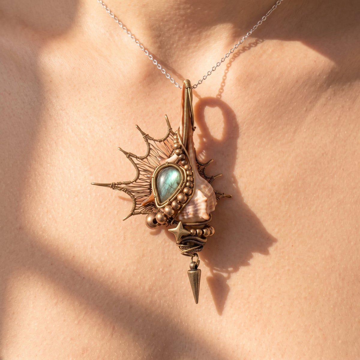 Labradorite Shell Brass Pendant | Wire-Wrapped Sunburst & Star Necklace