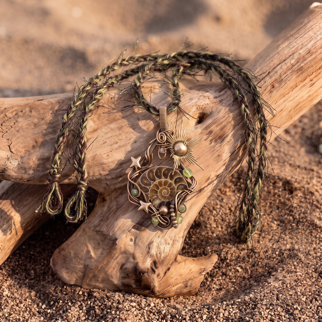Ammonite Fossil Bronze Pendant | Wire-Wrapped Sunburst & Green Stone Necklace